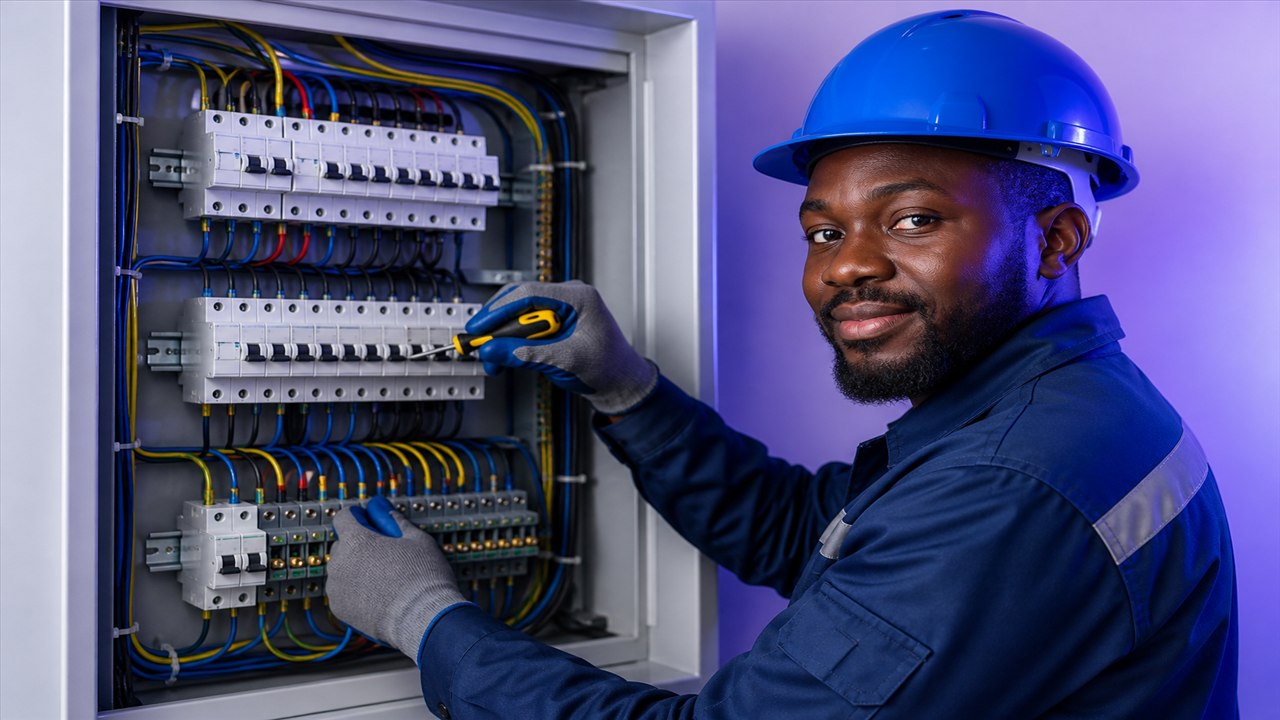 Technicien &eacute;lectricien devant un tableau &eacute;lectrique