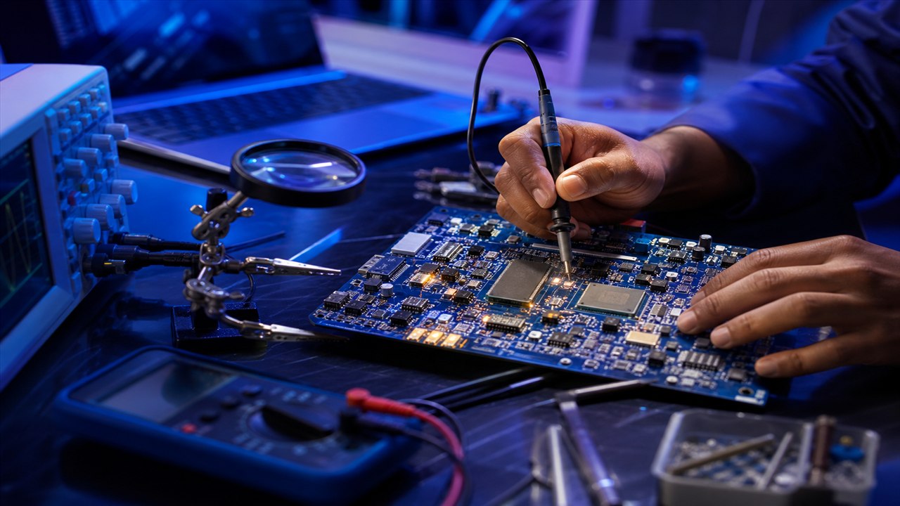 Technicien travaillant sur une carte &eacute;lectronique